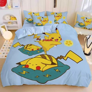 G13 Pokemon Pikachu Psyduck 4IN1 Ga trải giường Vỏ chăn gối Bộ chăn ga gối Bộ đồ giường Phòng ngủ gia đình Bộ đồ có thể giặt được G13
