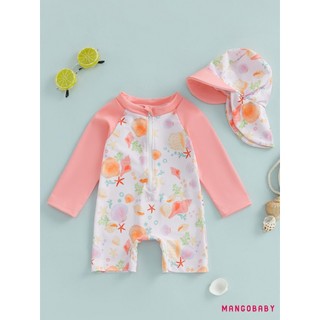 Mg-toddler Girls Rash Guard Đồ bơi có mũ 2 chiếc Bộ vỏ họa tiết Zip Up dài tay cổ tròn Đồ bơi bé gái