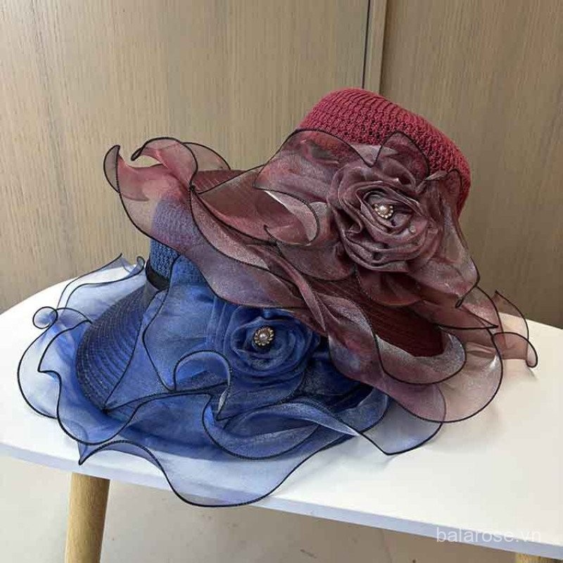 Mũ xô hoa organza vành lớn mùa hè cho phụ nữ thanh lịch che nắng bảo vệ da thời trang du lịch mũ bãi biển