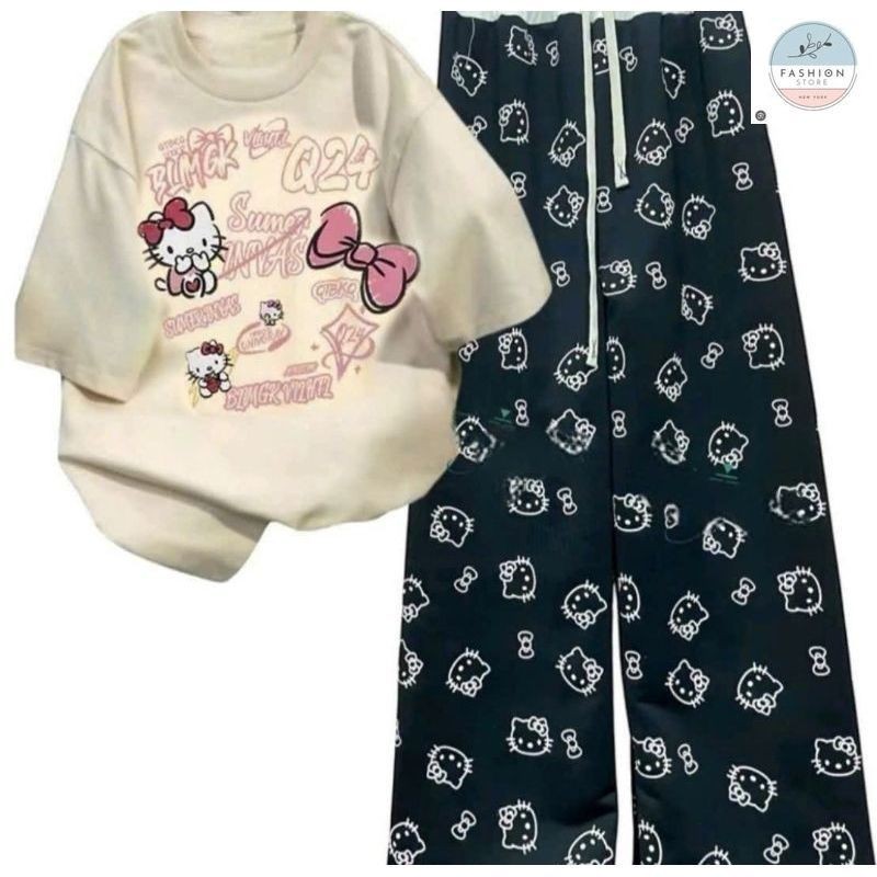 Tổng hợp các sét Bộ Quần Họa Tiết Mèo + mix áo phông Unisex form thụng tay lỡ - hình Mèo cute-QUẦN ÁO 94