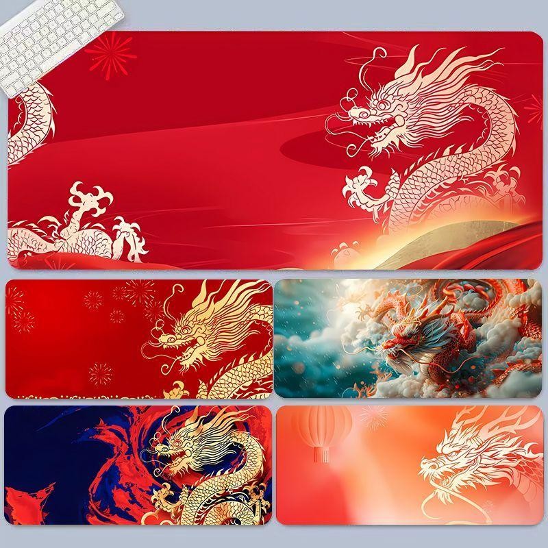 Tấm lót chuột lớn hình rồng Trung Quốc màu đỏ & Thảm để bàn dành cho người lớn Bé trai - Đế cao su chống trượt có viền khâu, hoàn hảo để trang trí văn phòng & nội thất!