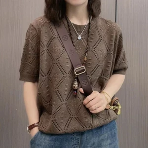 Nữ Thời Trang Dệt Kim Ngắn Tay Top 2023 Jacquard Rỗng Bao Thịt Áo Len Mỏng Áo Sơ Mi Nhỏ 4.11