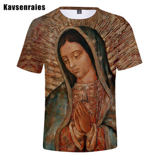 Guadalupe Virgin Mary Công Giáo Áo Thun Nam Unisex Thời Trang Thường Ngày 3D In Áo Mùa Hè Bông Tai Kẹp Dạo Phố Quá Khổ Áo