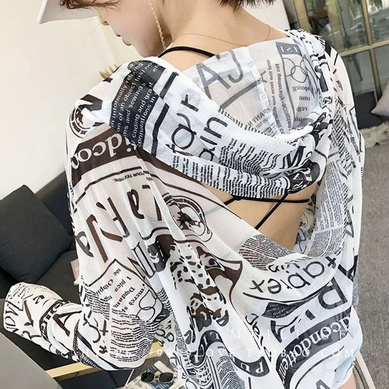 Milyfashion Đen Trắng Báo In Hình Chống Nắng Mùa Hè Mỏng Rời Có Mũ Trùm Đầu Chống Nắng Dài Tay T Hợp Thời Trang Top