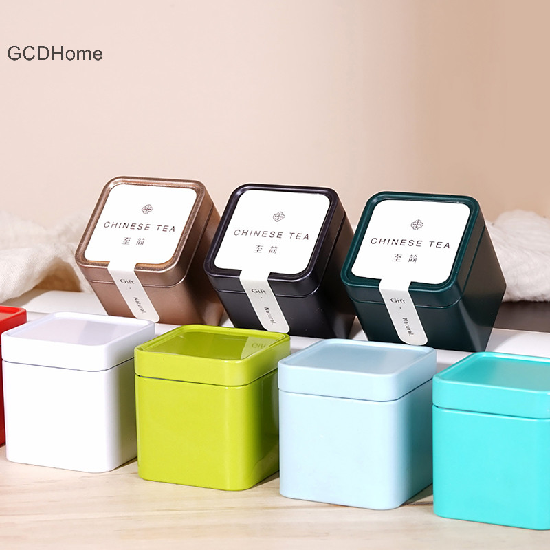 Gcdhome 1 Kín Trà Thiếc Bảo Quản Caddy Nhỏ Vuông Cà Phê Lá Trà Hộp Đựng Gia Vị HOT