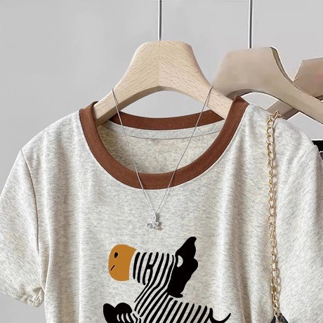 Suxi Ngọt Ngào In Hoạt Hình Mùa Hè Mới Thường Ngày Slim Fit Đa Năng Cổ Tròn Tay Ngắn Áo Thun Nữ Nguyên Chất Cotton Top 240529