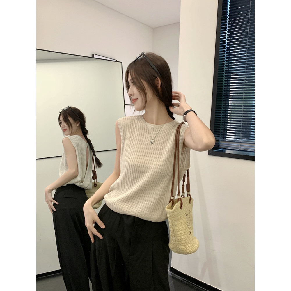 Suxi Backless Loose Đơn giản Mùa hè Áo dệt kim mới dành cho nữ Crop Top 240530