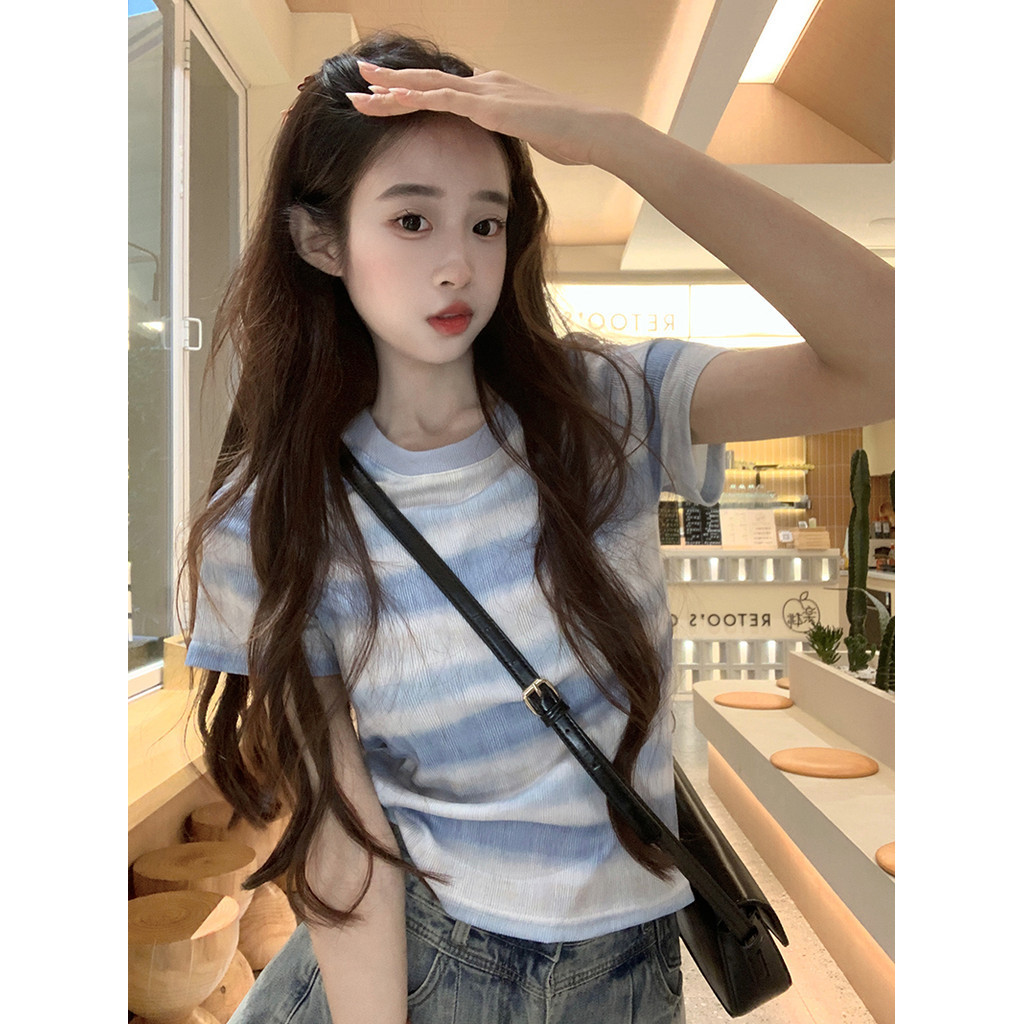 Suxi Áo thun ngắn tay cổ tròn sọc cotton mới 240604