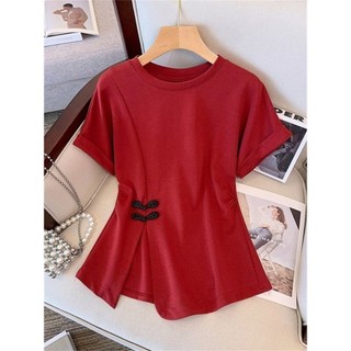 Phong Cách Trung Hoa Khóa Uốn Áo Thun Nữ Tay Ngắn Mùa Hè Plus Kích Thước Mỡ mm Thiết Kế Không Đều Chia Bao Mỡ Mỏng Hơn Nhìn Top
