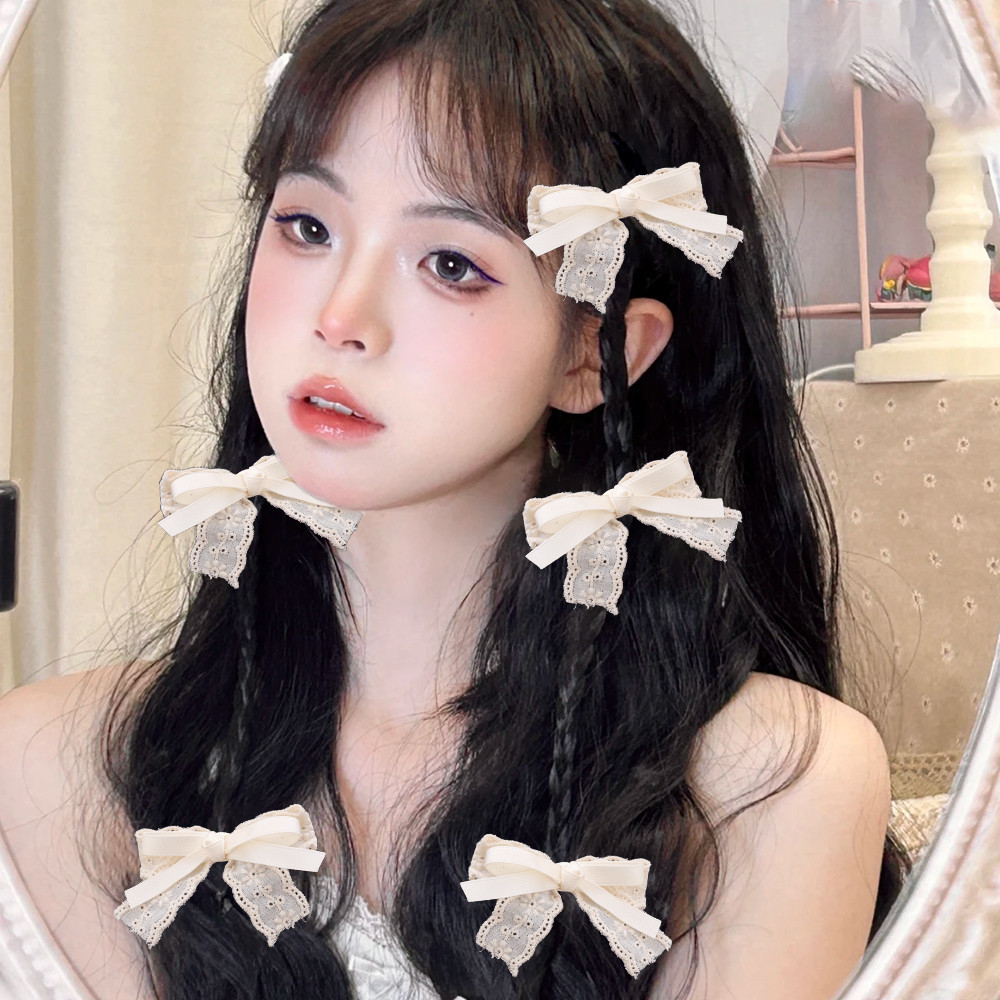 Kẹp Tóc Nơ Ren - Kẹp Tóc Vải Nơ Thêu Hoa Màu Be - Kẹp Tóc Ruy Băng Nơ Cô Gái Cổ Tích - Phụ Kiện Tóc Đuôi Ngựa Đôi - Thời Trang, Phong Cách Pháp, Ngọt Ngào, Dễ Thương