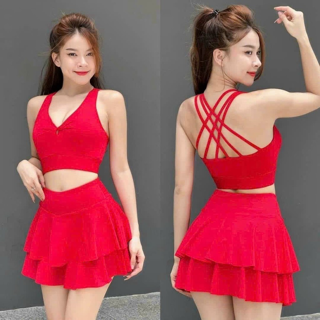 Set váy xòe tầng tập aerobic, đi bơi, ... áo xoắn ngực đan dây sau nhiều màu, co giãn thoải mái TS01