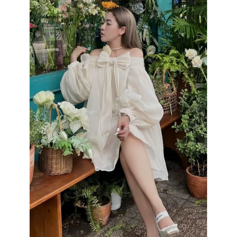 Váy babydoll trễ vai, đầm babydoll nơ ngực chất von mềm tay phồng xinh xắn hyominstore