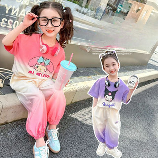 Trang phục phong cách Hàn Quốc mùa hè của bé gái Kuromi Melody 2024: Bộ áo ngắn tay và quần thường ngày có khóa màu hợp thời trang