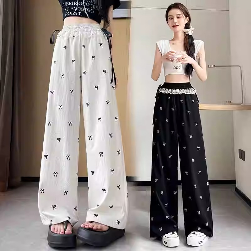 Quần ống rộng phối ren nơ cho phụ nữ, eo cao, dáng rộng, giảm cân, quần dài thoải mái