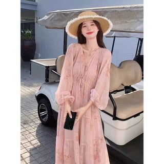 S-2XL Đầm Size Lớn Nữ Voan Một Mảnh Đầm Siêu Cổ Chữ v Đầm Dài Tay Phiên Bản Hàn Quốc Đầm Mùa Hè Đầm Hoa Rất Cổ Tích Đầm Dài Màu Hồng Ngọt Ngào Đầm Dài Phong Cách Mỏng Đầm Một Mảnh
