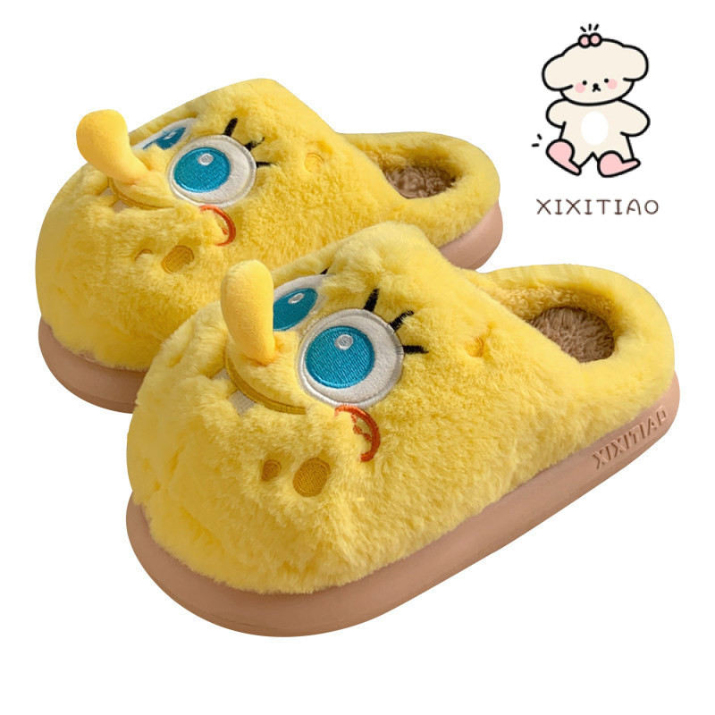 Xixitiao Cotton Dép SpongeBob SquarePants Thu Đông Phong Cách Baotou Lông Cừu Ấm Áp Trong Nhà Mềm Dày-