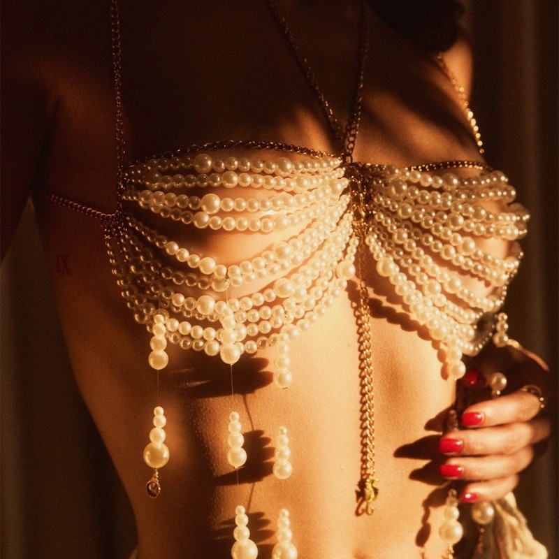 Elega Ngọc Trai Đính Ren Dây Crop Top Với Tua Rua Cho Nữ Lễ Hội Body Chain Áo Ngực