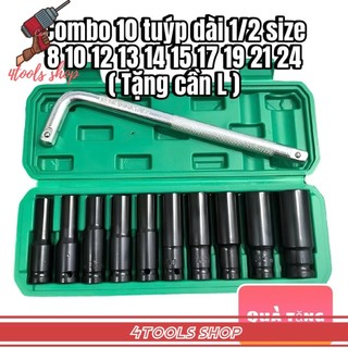 Combo 10 đầu tuýp đen 1/2in loại dài thép Chrome Vanadium cứng cáp size 8-24 (Tặng cần siết L )