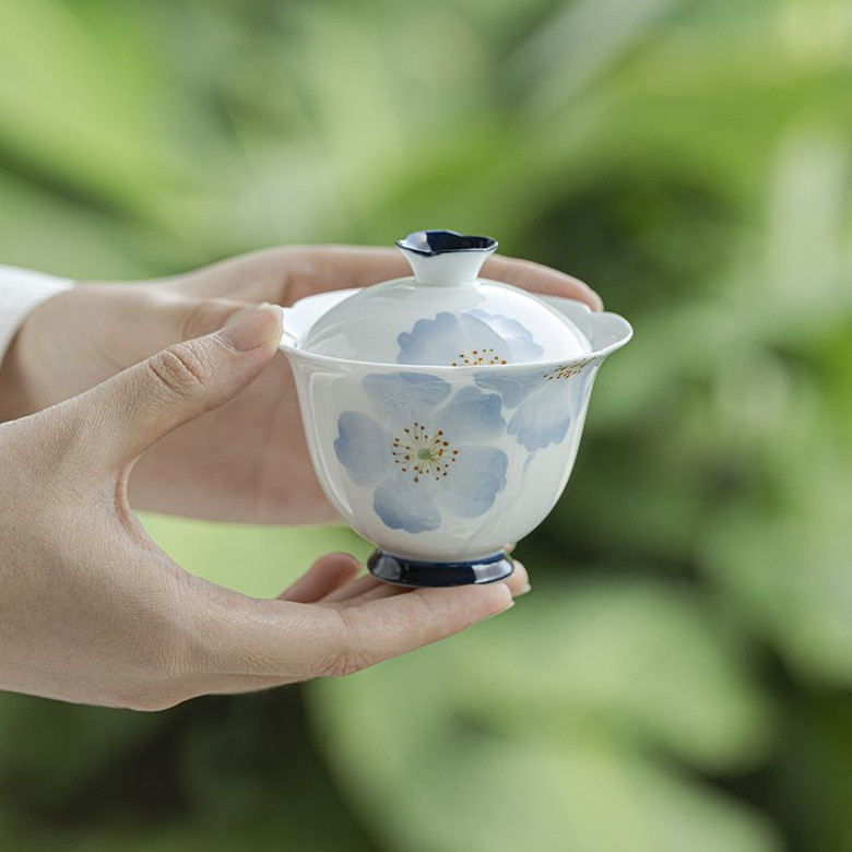✨Bộ trà Begonia Flower Gaiwan Kung Fu vẽ tay nguyên chất & Bát trà sứ trắng cao cấp tinh tế & Bộ trà Trung Quốc & Cốc trà