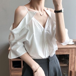 Áo Sơ Mi Size Lớn Nữ Áo Sơ Mi Trắng Nữ Thời Trang Phong Cách Phương Tây 2025 Mùa Hè Một Vai Sling Quần Áo Gợi Cảm Ngoài Vai Áo Máy Nhỏ Cao Cấp Kích Thước Vừa Lớn Nữ Cổ Chữ v Áo Nữ