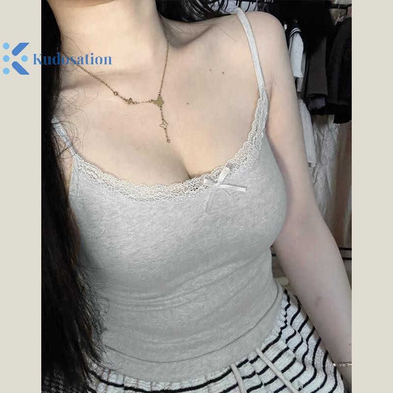 Kudosation Mùa Hè Nữ Nơ Ngọt Ngào Ren Bảng Màu Trơn Không Tay Ôm Cami Có Miếng Lót Ngực Đẹp