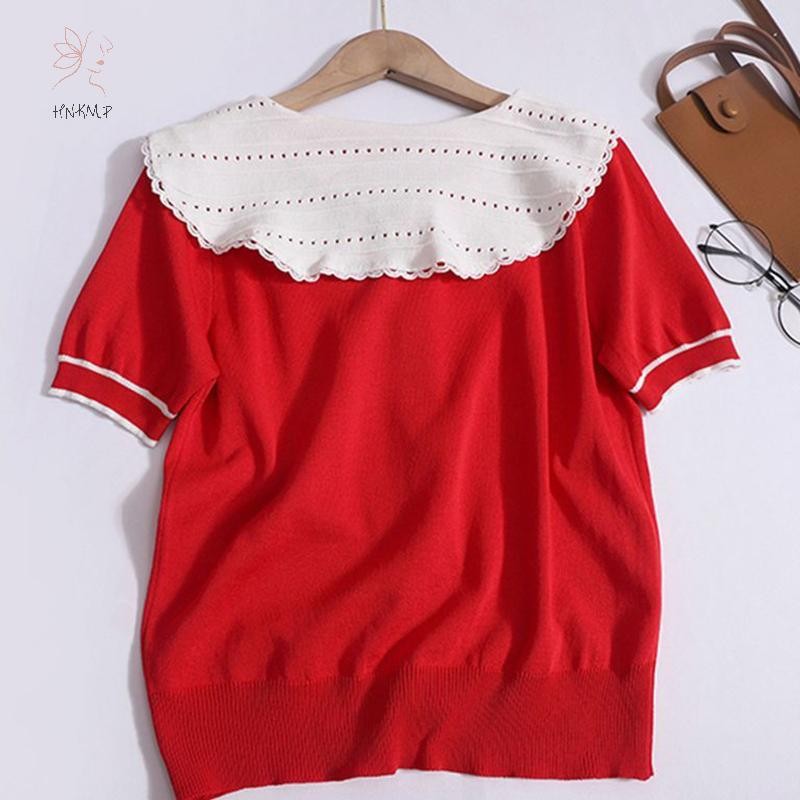 Hnkmp Mùa Hè Hàn Quốc Ngọt Nơ Dây Buộc Ruffle Cổ Búp Bê Tay Ngắn Đa Năng Áo Sơ Mi Dệt Kim Dành Cho Nữ.