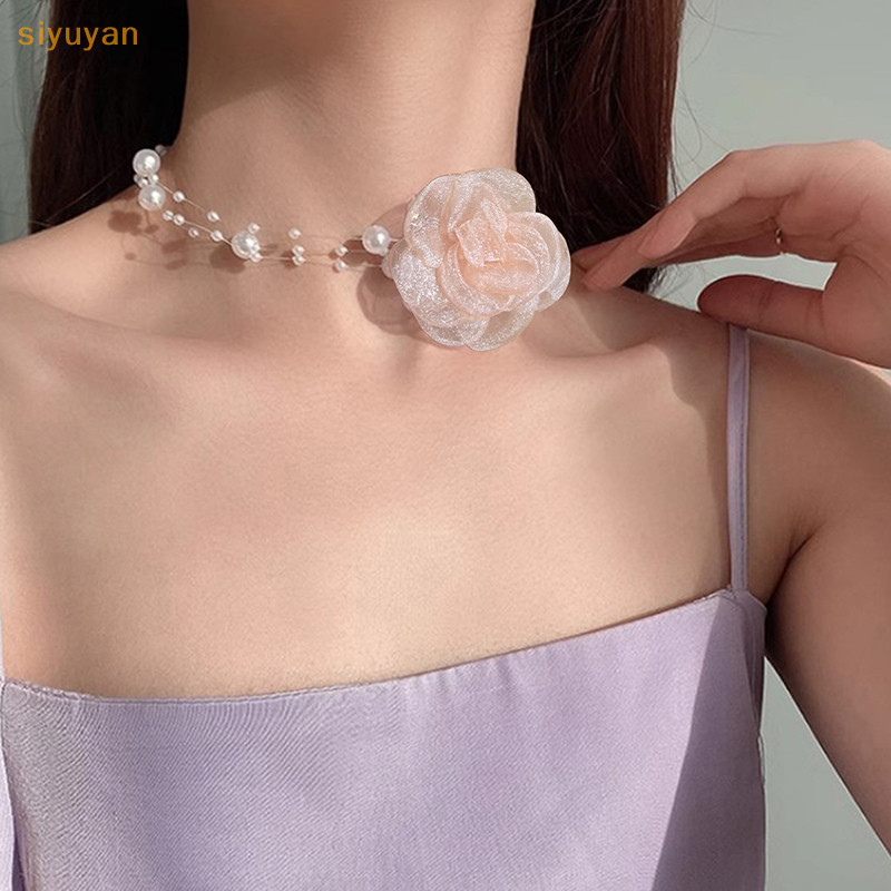 Siyuyan Ngọc Trai Lãng Mạn Choker Camellia Vòng Cổ Mùa Hè Xương Đòn Dây Xích Với Vải Hoa Ngọc Trai Cho Nữ Bữa Tối Trang Sức VN