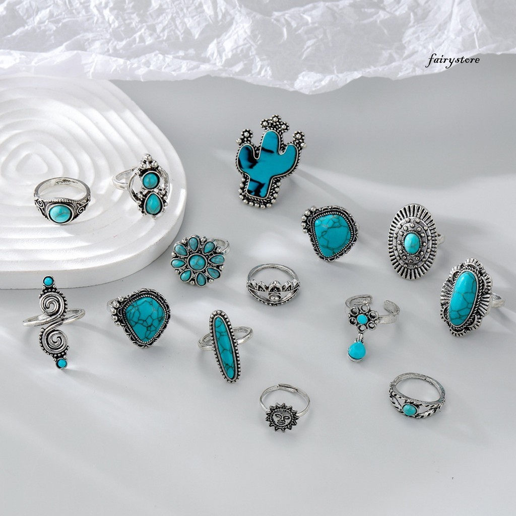 [Cổ tích] 14 Cái / bộ Vintage Bohemian Open End Bộ Nhẫn Có Thể Điều Chỉnh Xương Rồng Hình Mặt Trời Giả Ngọc Trai Nhẫn Knuckle Quà Tặng Trang Sức Thời Trang
