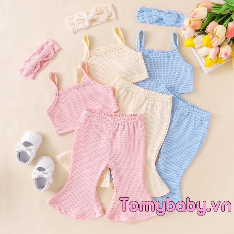 Bé Gái 3 Bộ Quần Áo Màu Trơn Gân Áo Tank Không Tay + Quần loe Băng Đô Trang Phục Mùa Hè