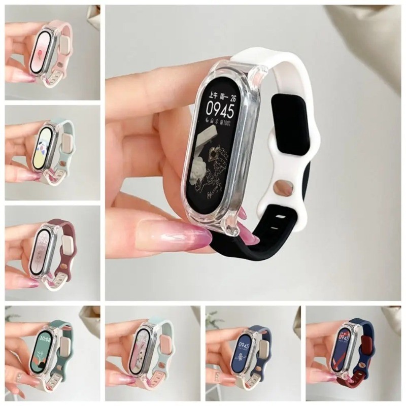 Ốp lưng trong suốt + Dây đeo cho Xiaomi Mi Band 10 9 8 7 6 5 4 3 NFC Dây đeo thoáng khí Vòng tay mềm cho phụ kiện dây đeo cổ tay Mi Band 9