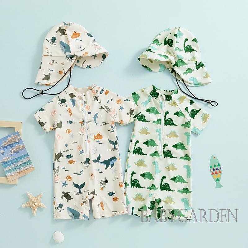 Baga-3 tuổi Đồ bơi bé trai có mũ / chống nắng tay ngắn cổ tròn in hình động vật Đồ bơi có dây kéo