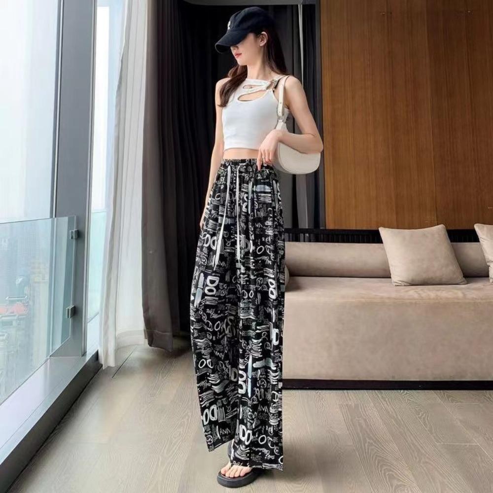 Quần ống rộng lưng cao dành cho nữ GOJO, Quần dây rút thẳng mùa hè Y2K, Quần Baggy thời trang in chữ thắt lưng thun