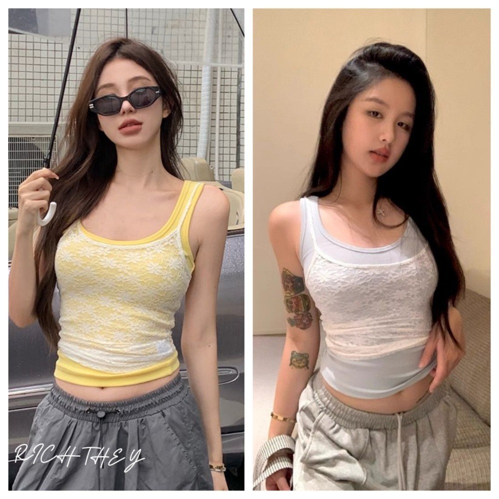 RICH-THEY Áo Hai Dây Áo Croptop Có Dây Gợi Cảm Dành Cho Nữ Bộ Hai Dây Treo Ren Thời Trang Mùa Hè Mới | BigBuy360 - bigbuy360.vn