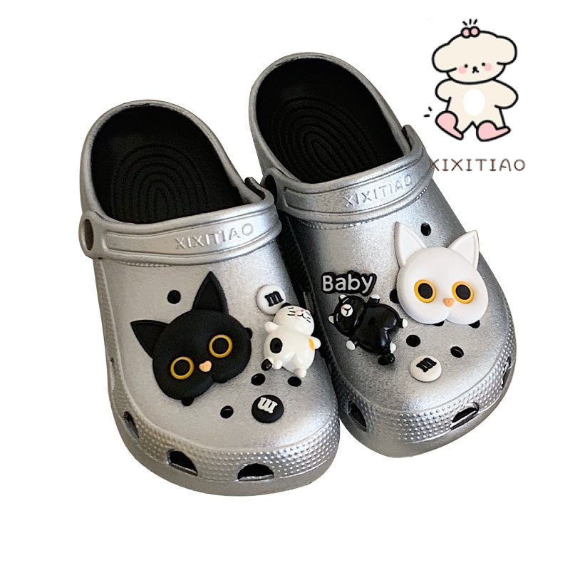 Xixitiao Sandal Ngoài Trời Hoạt Hình Dễ Thương Đen Trắng Mèo Con Mùa Hè Phong Cách Mới Đế Mềm Bạc Nam Nữ