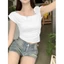 Áo cộc croptop mùa hè nữ thiết kế lệch vai đính hoa chất liệu co giãn XIMIMI SP266