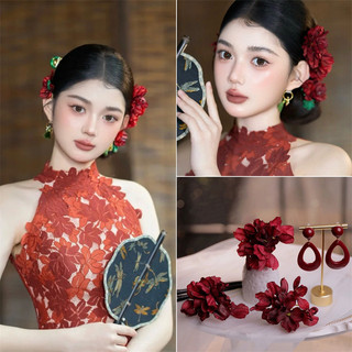Mũ đội đầu cô dâu hoa đỏ phong cách đơn giản và thanh lịch