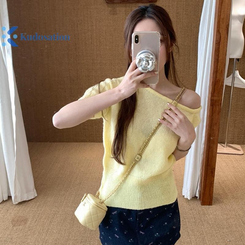 Kudosation Áo ngắn tay lệch vai Áo nữ mùa hè Áo thun chắc chắn phù hợp Áo thun đẹp