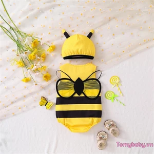 Bé Gái Rompers Trang Phục Ong Sọc Cổ Tròn Không Tay Áo Liền Quần Trẻ Sơ Sinh Có Mũ Và Cánh