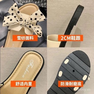 Dép mùa hè phong cách Hàn Quốc cho phụ nữ, giày bãi biển phẳng chấm bi ngoài trời, dép sandal nơ thời trang, dép một dây