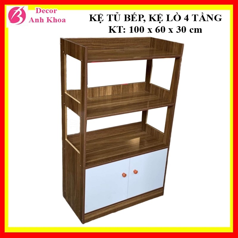 Tủ bếp, kệ lò vi sóng 4 tầng CÓ NGĂN TỦ để đồ nhà bếp chất liệu gỗ MDF kích thước 100x60x30cm