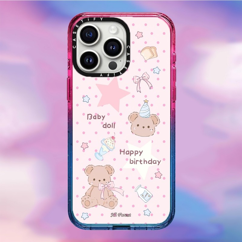 Casetify X Hi Forest Happy Every Day Ốp lưng cứng viền đen, chống sốc Impact, bộ sưu tập Peach Haze Cotton Candy, tương thích iPhone 12/13/14/15/16 Pro/Max/Plus, kèm hộp