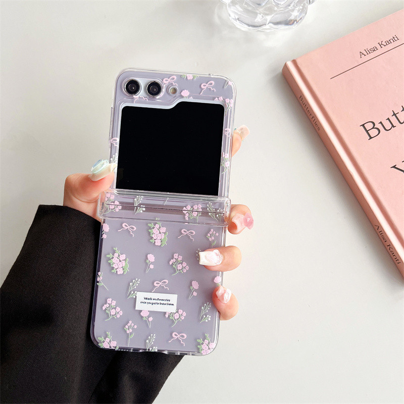 Dành Cho Samsung Galaxy Z Flip 5 Flip 4 Flip3 5G Ốp điện thoại Phong Cách Hàn Quốc Họa Tiết Hoa Dễ Thương Trong Suốt Gấp Chống Sốc Mặt Sau PC Cứng Trong Suốt
