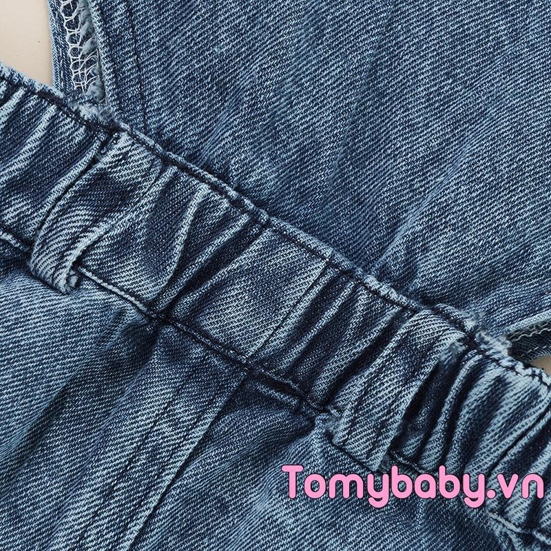Bộ áo liền quần Denim cho bé gái màu trơn cổ vuông không tay áo liền quần rỗng cho mùa hè