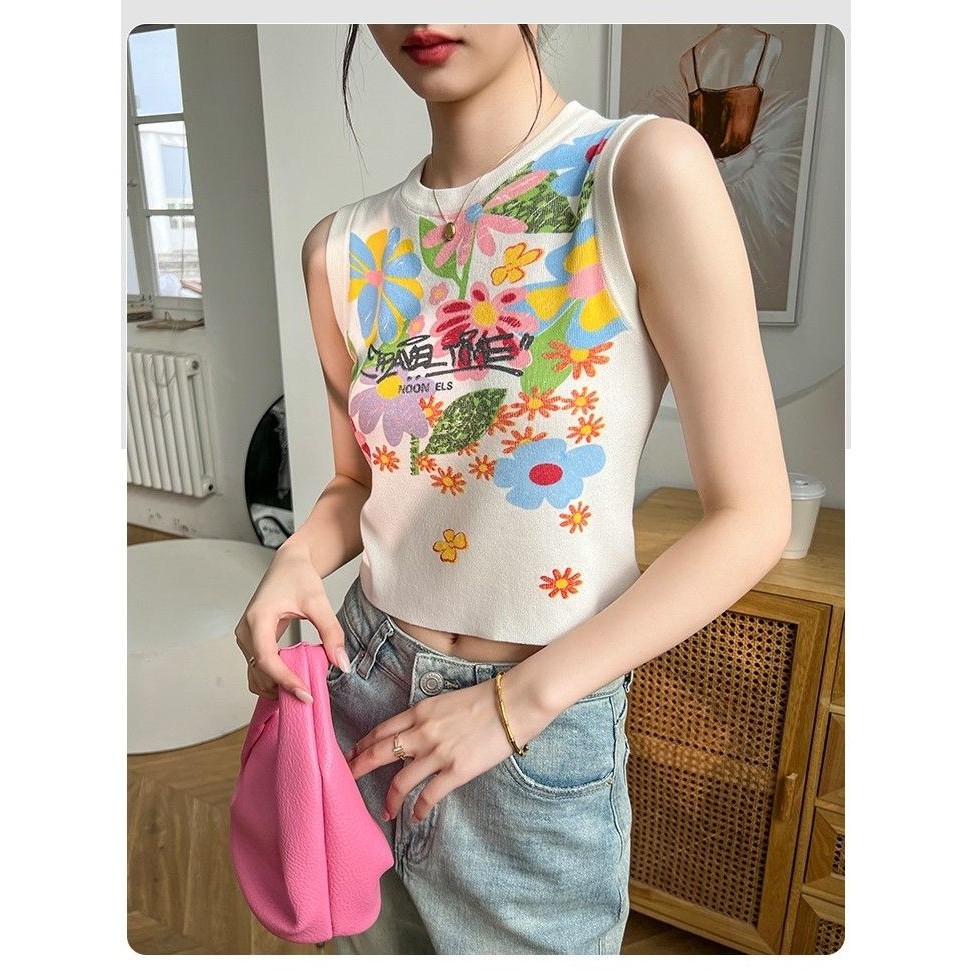 Milyfashion Trung Quốc Mới Graffiti Hoa In Áo Vest Không Tay Mùa Hè Phong Cách Mới Thiết Kế Độc Đáo Độc Đáo Tất Cả Trận Đấu Ngắn Top Hợp Thời Trang