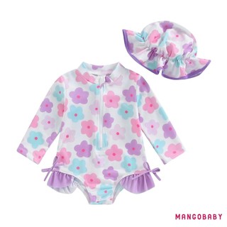 Mg-baby Girl Rash Guard Đồ Bơi Mùa Hè In Hoa Dây Kéo Đồ Bơi Và Mũ Chống Nắng Bộ Đồ Tắm Tập Đi Biển
