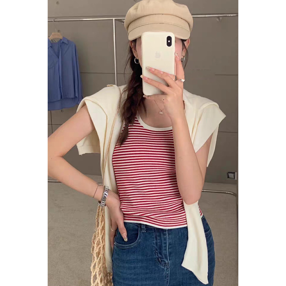 Suxi Retro Tương Phản Sọc Mỏng Fit Dệt Kim Treo Xe Tăng Top Nữ Áo Ngắn 240617