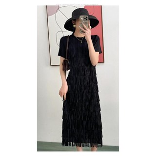 Miyake Mùa hè xếp ly cao cấp Phong cách nổi tiếng Slim-fit Tua rua khí chất màu trơn