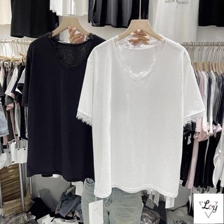 Áo thun tay ngắn cỡ lớn dành cho nữ, phong cách Hàn, dáng rộng 75kg Áo cổ chữ V bằng cotton nguyên chất có thiết kế viền ren rỗng, tôn dáng và đa năng dành cho phụ nữ ngoại cỡ