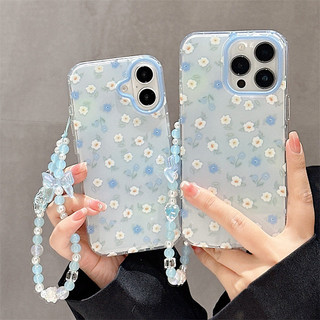 Họa tiết hoa màu xanh + vòng tay cho iphone17 16promax 15promax 14 / 13 / 15 / 16 17pro iphone13 vỏ TPU iphone mới chống bụi