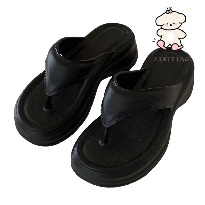 Xixitiao Flip-Flops Nữ Mặc Ngoài Đi Biển Kỳ Nghỉ Người Màu Trơn Phong Cách Đơn Giản Tăng Gót Chân Lật